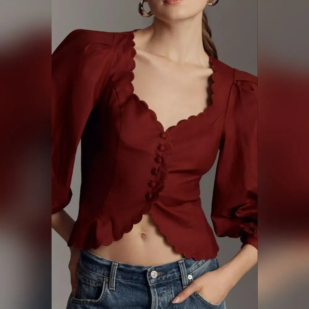 Reformation Elianna Burgundy Scalloped Button Blouse size 10
